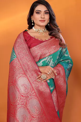 Pine green silk blend woven zari weaving banarasi saree with contrast weaving border