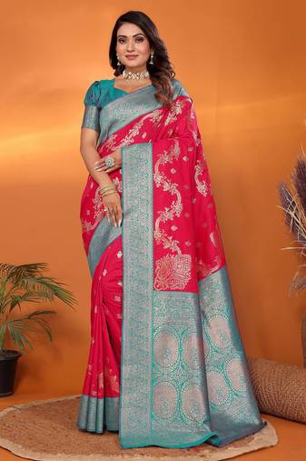 Red silk blend woven zari weaving banarasi saree with contrast weaving border