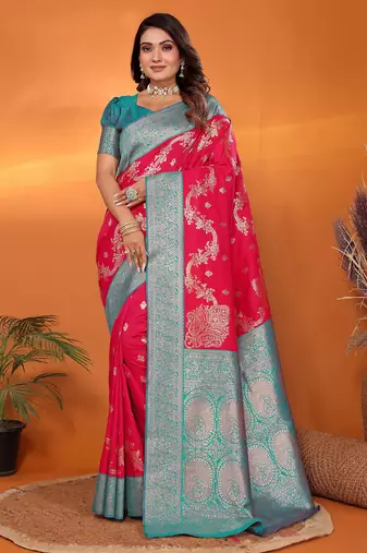Red silk blend woven zari weaving banarasi saree with contrast weaving border