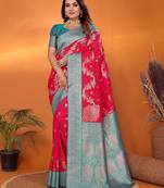 Red silk blend woven zari weaving banarasi saree with contrast weaving border