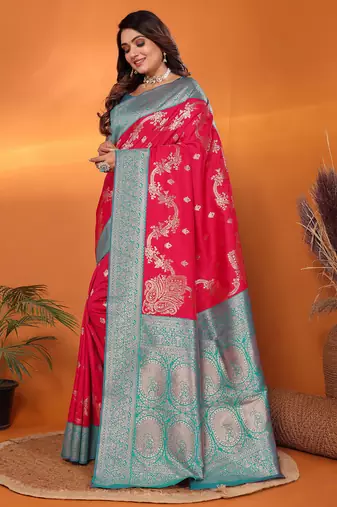 Red silk blend woven zari weaving banarasi saree with contrast weaving border