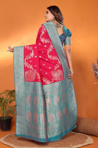 Red silk blend woven zari weaving banarasi saree with contrast weaving border