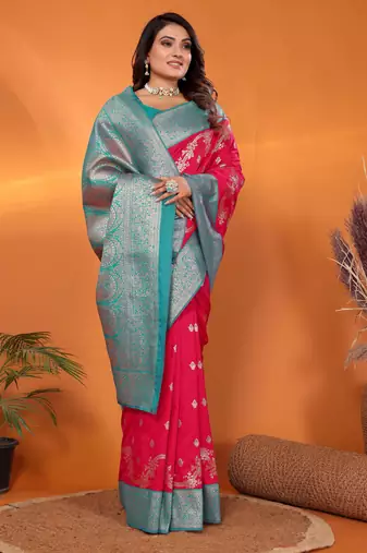 Red silk blend woven zari weaving banarasi saree with contrast weaving border