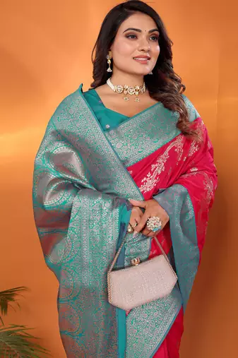 Red silk blend woven zari weaving banarasi saree with contrast weaving border
