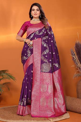 Plum silk blend woven zari weaving banarasi saree with contrast weaving border
