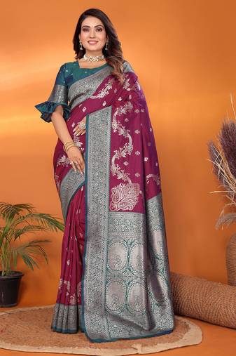 Purple silk blend woven zari weaving banarasi saree with contrast weaving border