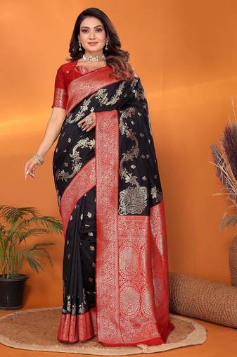 Black silk blend woven zari weaving banarasi saree with contrast weaving border