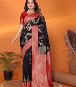 Black silk blend woven zari weaving banarasi saree with contrast weaving border