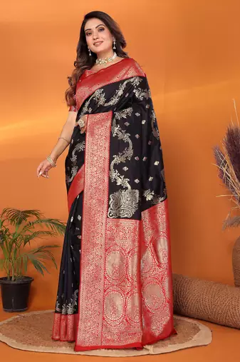 Black silk blend woven zari weaving banarasi saree with contrast weaving border