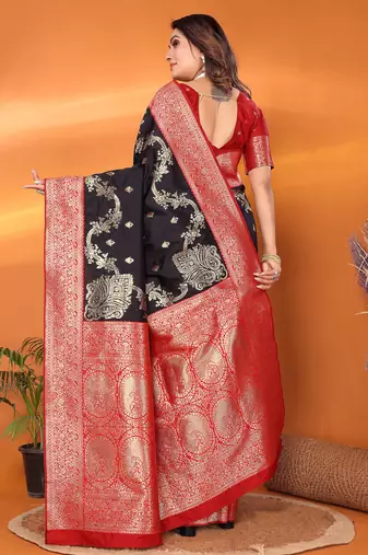 Black silk blend woven zari weaving banarasi saree with contrast weaving border