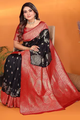 Black silk blend woven zari weaving banarasi saree with contrast weaving border