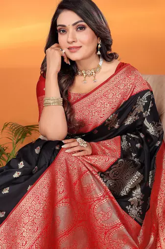 Black silk blend woven zari weaving banarasi saree with contrast weaving border