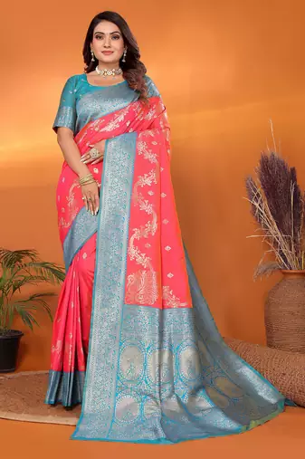 Tomato red silk blend woven zari weaving banarasi saree with contrast weaving border