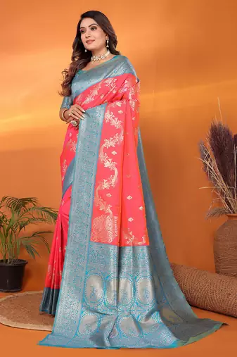 Tomato red silk blend woven zari weaving banarasi saree with contrast weaving border