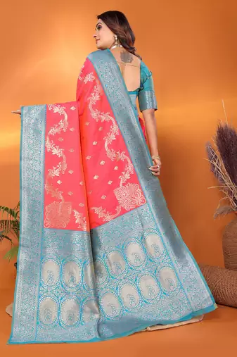 Tomato red silk blend woven zari weaving banarasi saree with contrast weaving border