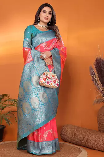 Tomato red silk blend woven zari weaving banarasi saree with contrast weaving border