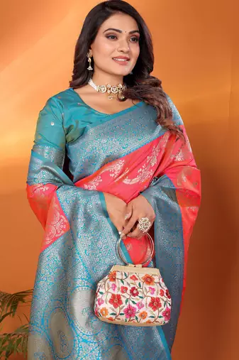 Tomato red silk blend woven zari weaving banarasi saree with contrast weaving border