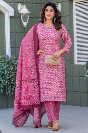  Women's Cotton Blend Floral Straight Printed Kurta Pant With Dupatta | kurta sets for woman