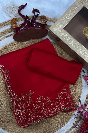 red cutdana sequin embroidered rangoli silk blend saree
