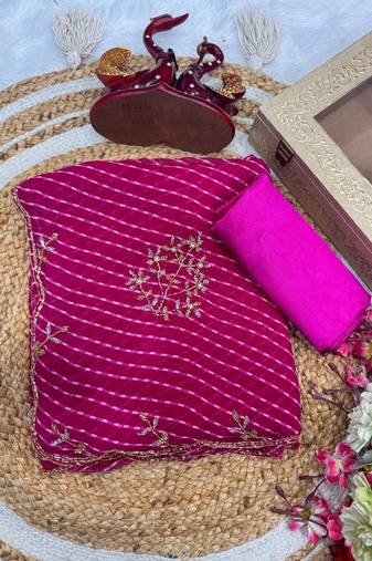 rani pink cutdana handwork georgette leheriya print saree