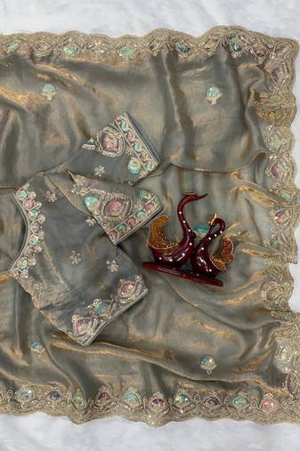 grey dual shade sequin embroidered silk blend saree