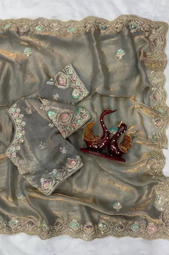 grey dual shade sequin embroidered silk blend saree