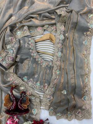 grey dual shade sequin embroidered silk blend saree 2
