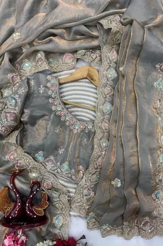 grey dual shade sequin embroidered silk blend saree
