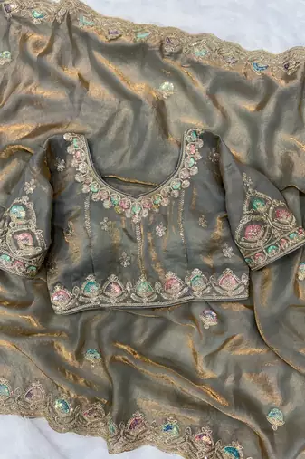 grey dual shade sequin embroidered silk blend saree
