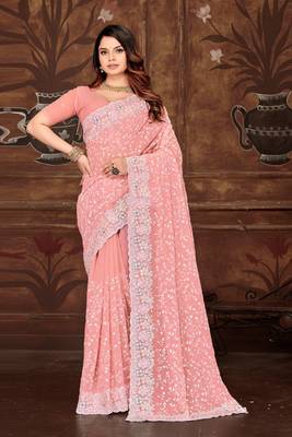 Pink resham sequins embroidery work georgette saree 1