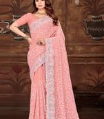 Pink resham sequins embroidery work georgette saree