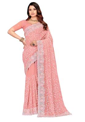 Pink resham sequins embroidery work georgette saree 4