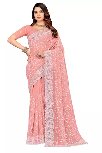Pink resham sequins embroidery work georgette saree