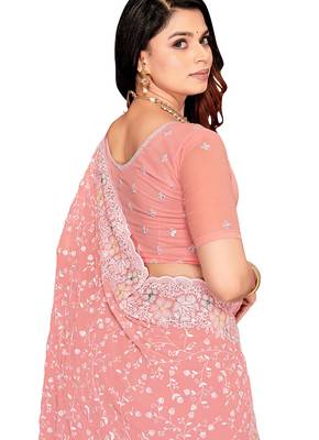 Pink resham sequins embroidery work georgette saree 5