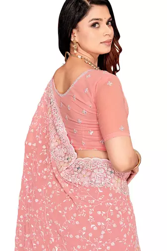 Pink resham sequins embroidery work georgette saree