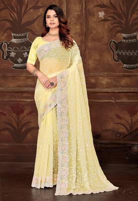 Yellow resham sequins embroidery work georgette saree 1