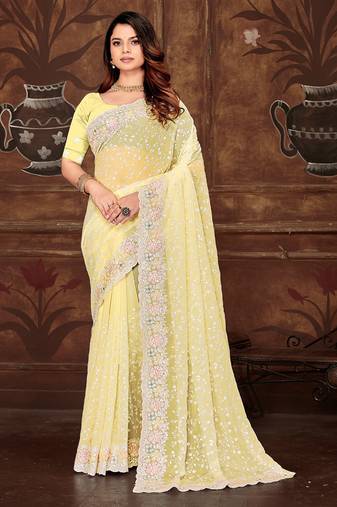 Yellow resham sequins embroidery work georgette saree