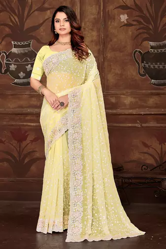 Yellow resham sequins embroidery work georgette saree
