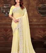 Yellow resham sequins embroidery work georgette saree