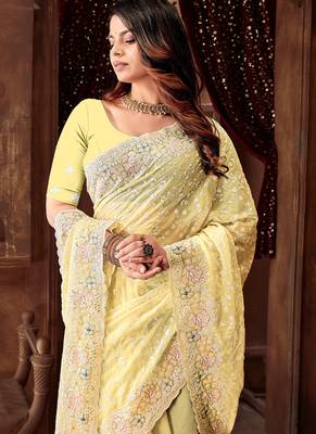 Yellow resham sequins embroidery work georgette saree 3