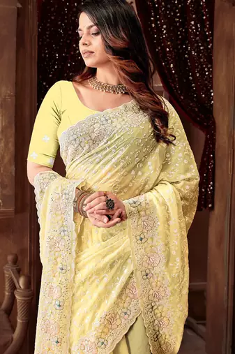Yellow resham sequins embroidery work georgette saree