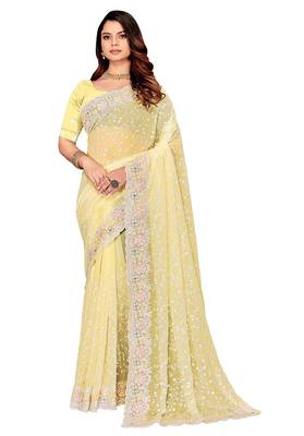 Yellow resham sequins embroidery work georgette saree 4