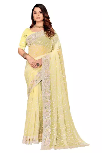 Yellow resham sequins embroidery work georgette saree