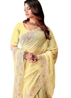 Yellow resham sequins embroidery work georgette saree 5