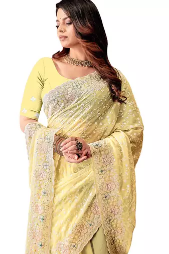 Yellow resham sequins embroidery work georgette saree