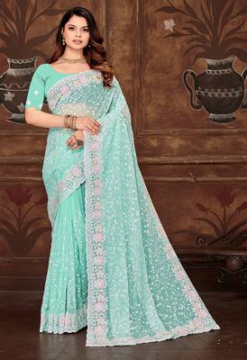 Sky blue resham sequins embroidery work georgette saree 1