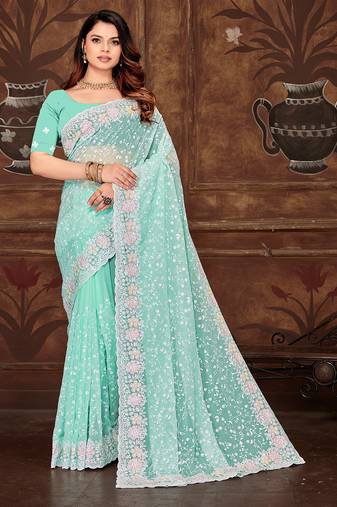 Sky blue resham sequins embroidery work georgette saree