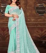 Sky blue resham sequins embroidery work georgette saree