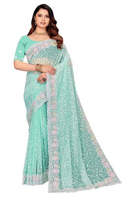 Sky blue resham sequins embroidery work georgette saree 4