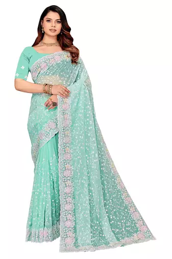 Sky blue resham sequins embroidery work georgette saree